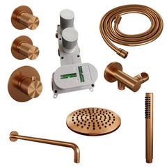 Brauer Carving thermostatische inbouw doucheset - hoofddouche 20cm - gebogen wandarm - staafhanddouche - Geborsteld Koper PVD