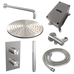 Brauer Edition inbouwset met 3-weg thermostaat - hoofddouche 30cm - gebogen wandarm 40cm - staafhanddouche - wandaansluiting - geborsteld RVS PVD