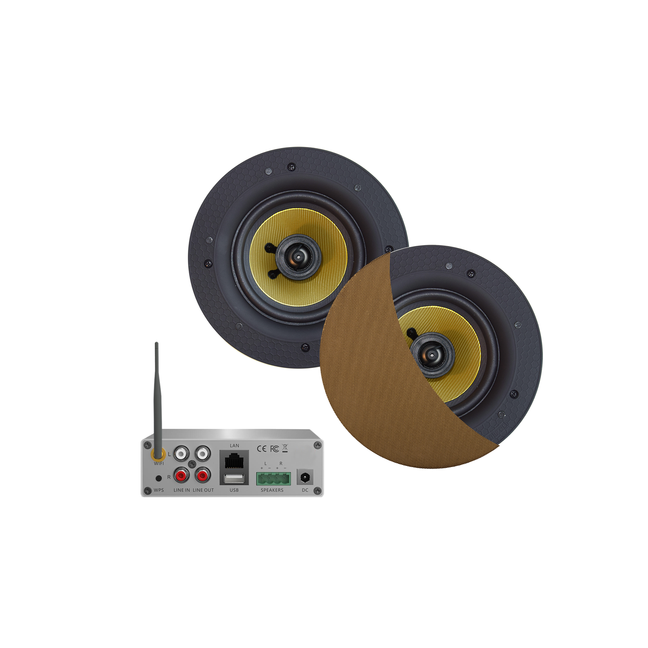 WIFI-AUDIOSYSTEEM (AIRPLAY + DLNA) 50 WATT, INCL SAMBA SPEAKERS BRUSHED GOLD (205 MM), 230V/12V, LAN /WLAN