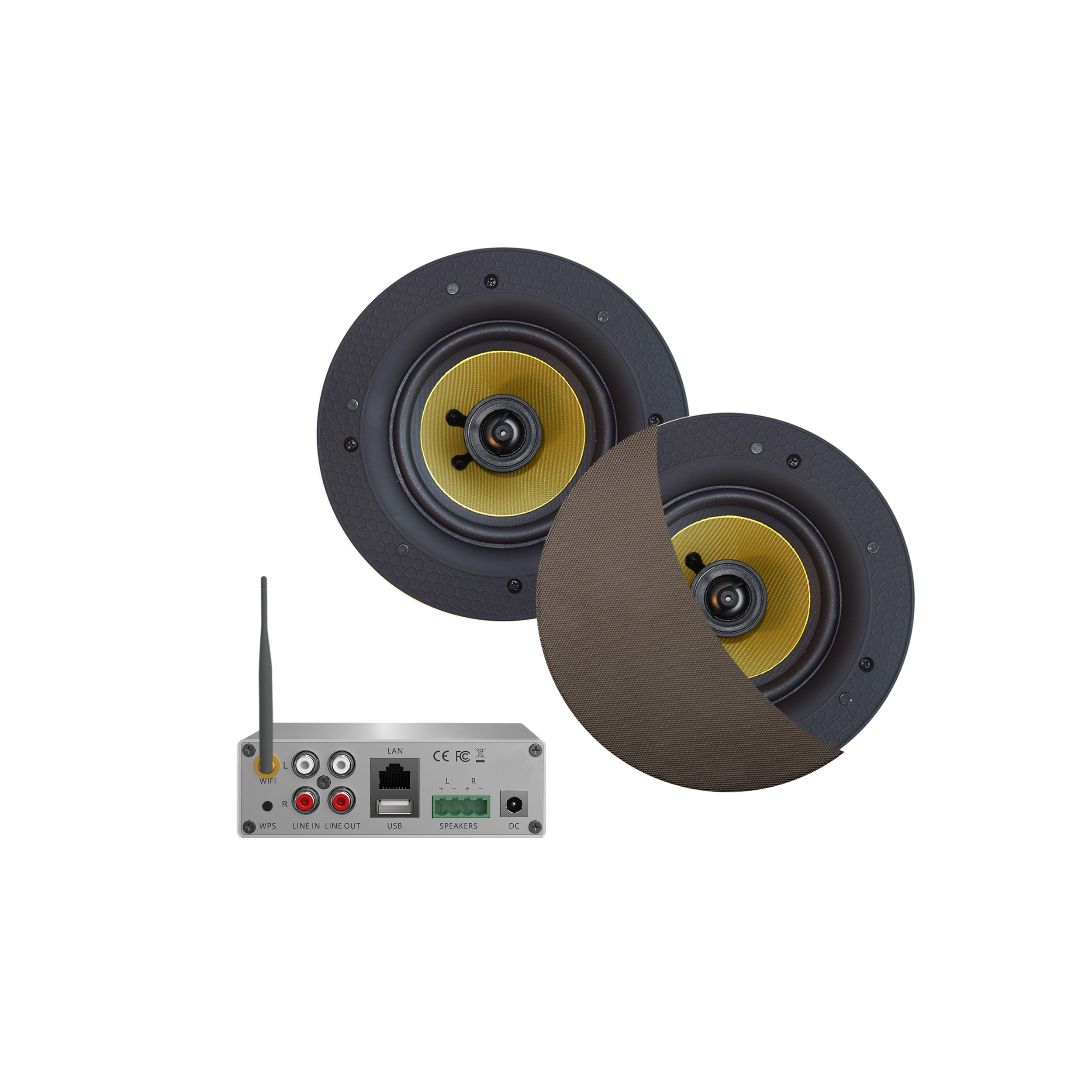 WIFI-AUDIOSYSTEEM (AIRPLAY + DLNA) 50 WATT, INCL SAMBA SPEAKERS INOX/RVS LOOK (205 MM), 230V/12V, LAN /WLAN