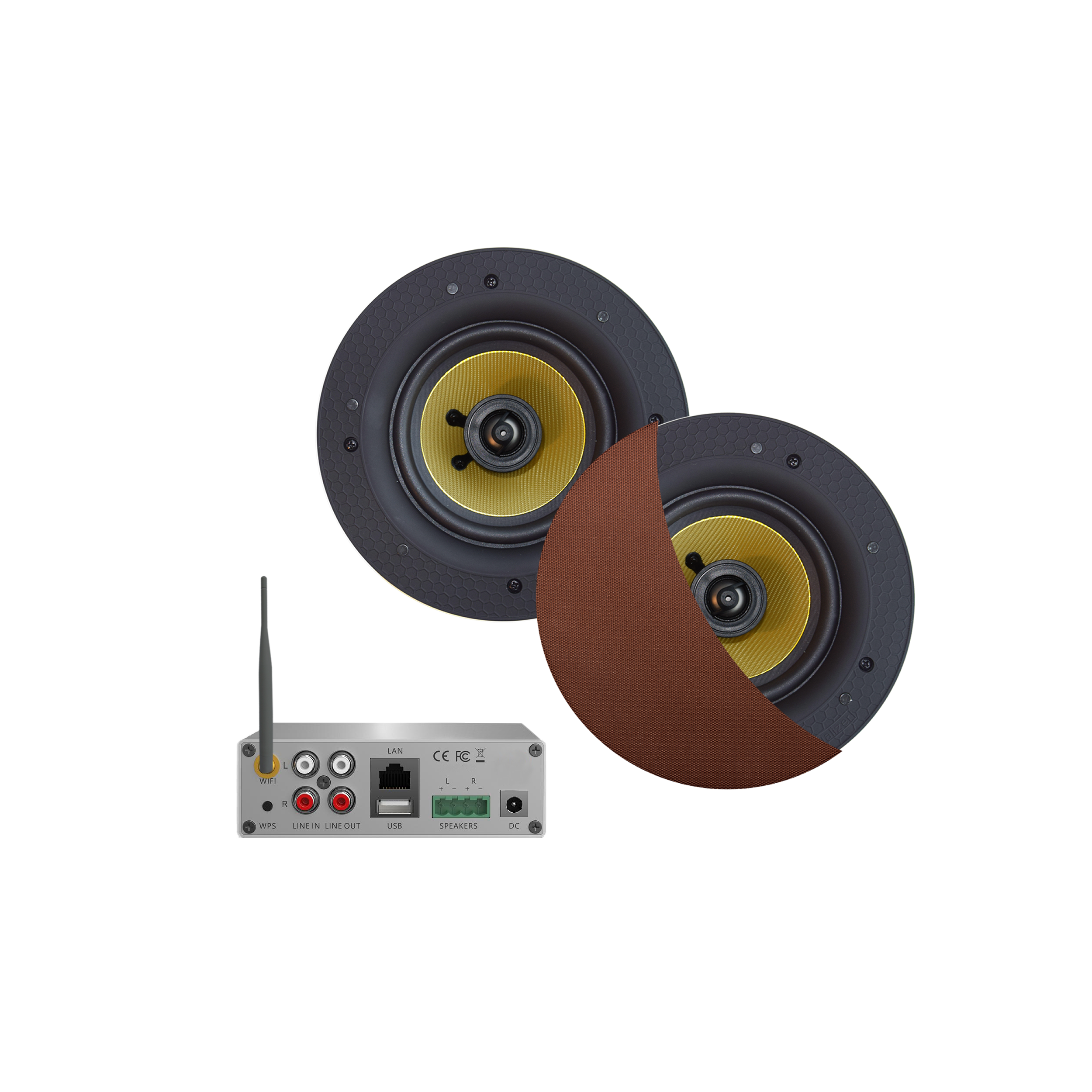 WIFI-AUDIOSYSTEEM (AIRPLAY + DLNA) 50 WATT, INCL SAMBA SPEAKERS BRUSHED COPPER (205 MM), 230V/12V, LAN /WLAN