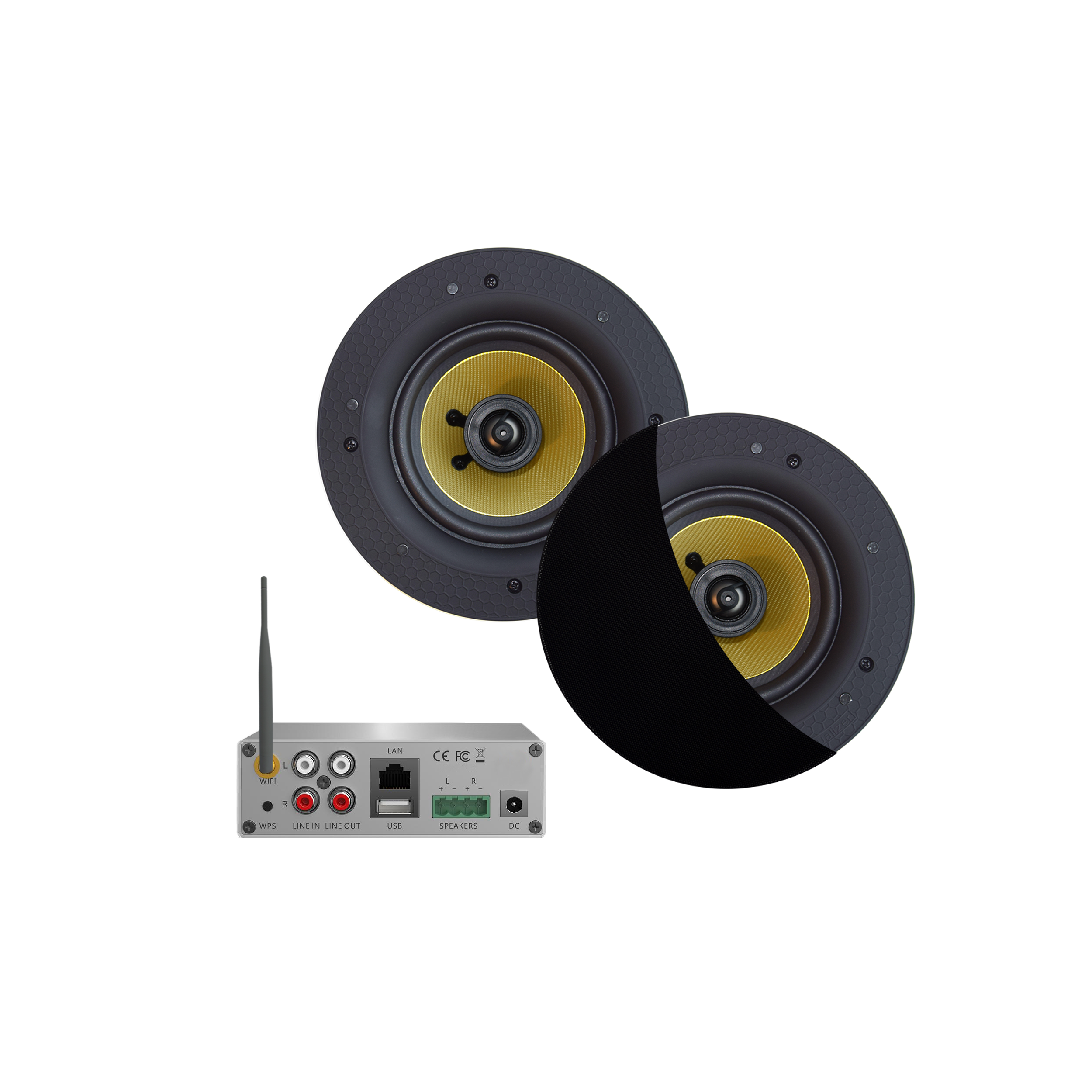 WIFI-AUDIOSYSTEEM (AIRPLAY + DLNA) 50 WATT, INCL SAMBA SPEAKERS ZWART (205 MM). 230V/12V, LAN / WLAN