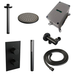 Brauer Carving inbouwset met 3-weg thermostaat - hoofddouche 20cm - plafondbuis 20cm - staafhanddouche - wandaansluiting - Mat Zwart