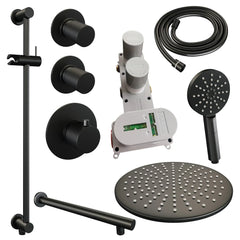 Brauer Carving thermostatische inbouw doucheset - hoofddouche 30cm - rechte wandarm - 3 standen handdouche rond - Glijstang - Mat Zwart