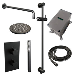 BRAUER Black Edition thermostatische inbouw regendouche 3-weg omstelling SET 39 met 20 cm douchekop en gebogen muurarm en staaf handdouche en doucheslang en geïntegreerde glijstang mat zwart