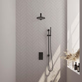 BRAUER Black Edition thermostatische inbouw regendouche 3-weg omstelling SET 37 met 20 cm douchekop en rechte muurarm en staaf handdouche en doucheslang en geïntegreerde glijstang mat zwart