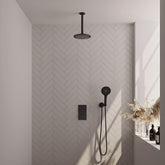 BRAUER Black Edition thermostatische inbouw regendouche 3-weg omstelling SET 35 met 20 cm douchekop en plafondarm en 3-standen handdouche en doucheslang en wandaansluitbocht mat zwart