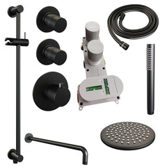 BRAUER Black Edition thermostatische inbouw regendouche SET 15 met 20 cm douchekop en gebogen muurarm en staaf handdouche en doucheslang en geïntegreerde glijstang mat zwart