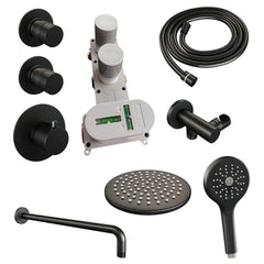 BRAUER Black Edition thermostatische inbouw regendouche SET 09 met 20 cm douchekop en gebogen muurarm en 3-standen handdouche en doucheslang en wandaansluitbocht mat zwart
