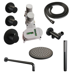 BRAUER Black Edition thermostatische inbouw regendouche SET 03 met 20 cm douchekop en gebogen muurarm en staaf handdouche en doucheslang en wandaansluitbocht mat zwart