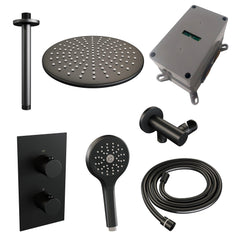 BRAUER Black Edition thermostatische inbouw regendouche 3-weg omstelling SET 36 met 30 cm douchekop en plafondarm en 3-standen handdouche en doucheslang en wandaansluitbocht mat zwart