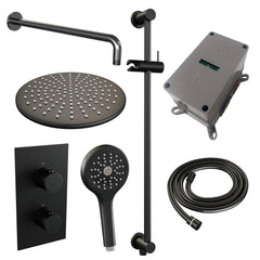 BRAUER Black Edition thermostatische inbouw regendouche 3-weg omstelling SET 46 met 30 cm douchekop en gebogen muurarm en 3-standen handdouche en doucheslang en geïntegreerde glijstang mat zwart