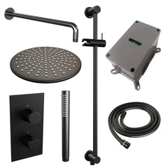 BRAUER Black Edition thermostatische inbouw regendouche 3-weg omstelling SET 40 met 30 cm douchekop en gebogen muurarm en staaf handdouche en doucheslang en geïntegreerde glijstang mat zwart