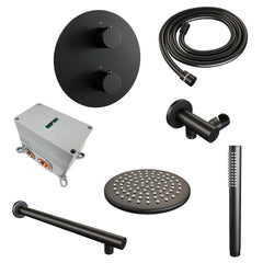 BRAUER Black Edition thermostatische inbouw regendouche 3-weg rond SET 73 met 20 cm douchekop en rechte muurarm en staaf handdouche en doucheslang en wandaansluitbocht mat zwart
