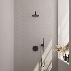 BRAUER Black Edition thermostatische inbouw regendouche 3-weg rond SET 73 met 20 cm douchekop en rechte muurarm en staaf handdouche en doucheslang en wandaansluitbocht mat zwart