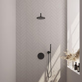 BRAUER Black Edition thermostatische inbouw regendouche 3-weg rond SET 75 met 20 cm douchekop en gebogen muurarm en staaf handdouche en doucheslang en wandaansluitbocht mat zwart