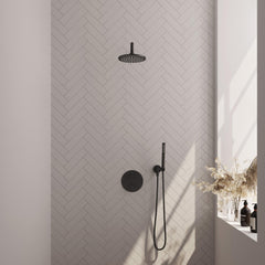 BRAUER Black Edition thermostatische inbouw regendouche 3-weg rond SET 75 met 20 cm douchekop en gebogen muurarm en staaf handdouche en doucheslang en wandaansluitbocht mat zwart