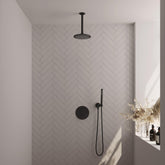 BRAUER Black Edition thermostatische inbouw regendouche 3-weg rond SET 77 met 20 cm douchekop en plafondarm en staaf handdouche en doucheslang en wandaansluitbocht mat zwart