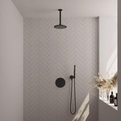 BRAUER Black Edition thermostatische inbouw regendouche 3-weg rond SET 77 met 20 cm douchekop en plafondarm en staaf handdouche en doucheslang en wandaansluitbocht mat zwart