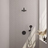 BRAUER Black Edition thermostatische inbouw regendouche 3-weg rond SET 79 met 20 cm douchekop en rechte muurarm en 3-standen handdouche en doucheslang en wandaansluitbocht mat zwart