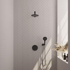 BRAUER Black Edition thermostatische inbouw regendouche 3-weg rond SET 79 met 20 cm douchekop en rechte muurarm en 3-standen handdouche en doucheslang en wandaansluitbocht mat zwart