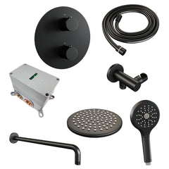 BRAUER Black Edition thermostatische inbouw regendouche 3-weg rond SET 81 met 20 cm douchekop en gebogen muurarm en 3-standen handdouche en doucheslang en wandaansluitbocht mat zwart