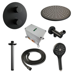 BRAUER Black Edition thermostatische inbouw regendouche 3-weg rond SET 84 met 30 cm douchekop en plafondarm en 3-standen handdouche en doucheslang en wandaansluitbocht mat zwart