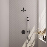 BRAUER Black Edition thermostatische inbouw regendouche 3-weg rond SET 85 met 20 cm douchekop en rechte muurarm en staaf handdouche en doucheslang en geïntegreerde glijstang mat zwart