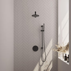 BRAUER Black Edition thermostatische inbouw regendouche 3-weg rond SET 85 met 20 cm douchekop en rechte muurarm en staaf handdouche en doucheslang en geïntegreerde glijstang mat zwart