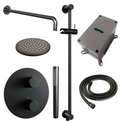 BRAUER Black Edition thermostatische inbouw regendouche 3-weg rond SET 87 met 20 cm douchekop en gebogen muurarm en staaf handdouche en doucheslang en geïntegreerde glijstang mat zwart