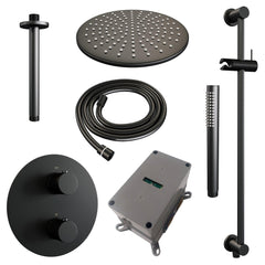 BRAUER Black Edition thermostatische inbouw regendouche 3-weg rond SET 90 met 30 cm douchekop en plafondarm en staaf handdouche en doucheslang en geïntegreerde glijstang mat zwart