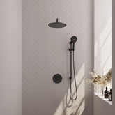 BRAUER Black Edition thermostatische inbouw regendouche 3-weg rond SET 94 met 30 cm douchekop en gebogen muurarm en 3-standen handdouche en doucheslang en geïntegreerde glijstang mat zwart