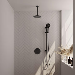 BRAUER Black Edition thermostatische inbouw regendouche 3-weg rond SET 95 met 20 cm douchekop en plafondarm en 3-standen handdouche en doucheslang en geïntegreerde glijstang mat zwart