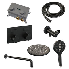BRAUER Black Edition thermostatische inbouw regendouche met drukknoppen SET 57 met 20 cm douchekop en gebogen muurarm en 3-standen handdouche en doucheslang en wandaansluitbocht mat zwart