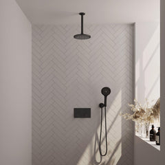 BRAUER Black Edition thermostatische inbouw regendouche met drukknoppen SET 59 met 20 cm douchekop en plafondarm en 3-standen handdouche en doucheslang en wandaansluitbocht mat zwart