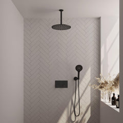 BRAUER Black Edition thermostatische inbouw regendouche met drukknoppen SET 60 met 30 cm douchekop en plafondarm en 3-standen handdouche en doucheslang en wandaansluitbocht mat zwart