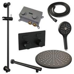 BRAUER Black Edition thermostatische inbouw regendouche met drukknoppen SET 68 met 30 cm douchekop en rechte muurarm en 3-standen handdouche en doucheslang en geïntegreerde glijstang mat zwart