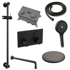 BRAUER Black Edition thermostatische inbouw regendouche met drukknoppen SET 69 met 20 cm douchekop en gebogen muurarm en 3-standen handdouche en doucheslang en geïntegreerde glijstang mat zwart