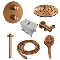 Brauer Copper Carving thermostatische inbouw regendouche met 3 standen handdouche, plafondarm en hoofddouche 30cm set 84 koper geborsteld PVD