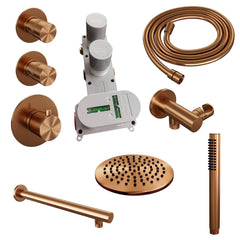 Brauer Copper Edition Regendoucheset inbouw - hoofddouche 20cm - 3 gladde knoppen - rechte wandarm - handdouche staaf 1 stand - geborsteld koper PVD