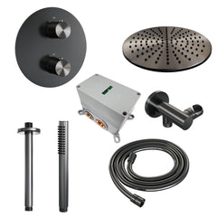 BRAUER Gunmetal Edition thermostatische Inbouw Regendouche - 3-weg - rond - set 78 - 30cm hoofddouche - plafondarm - staaf handdouche - doucheslang - wandaansluitbocht - gunmetal geborsteld PVD