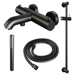 BRAUER Black Edition opbouw baddouche thermostaatkraan SET 01 met glijstang en staaf handdouche en doucheslang mat zwart