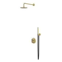 IVY Concord Regendoucheset - inbouw - 2-weg stop-omstel - 40cm wandarm - 20cm medium hoofddouche rond - houder met uitlaat - 150cm doucheslang - staafmodel handdouche - RVS316 - geborsteld mat goud PVD