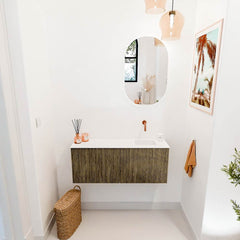 JOYA 100cm toiletmeubel kleur Dusk. Wastafel FAYE positie Rechts Zonder kraangat kleur Talc.