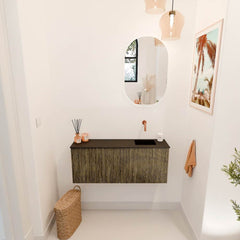 JOYA 100cm toiletmeubel kleur Dusk. Wastafel FAYE positie Rechts Zonder kraangat kleur Urban.