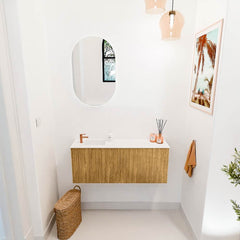 JOYA 100cm toiletmeubel kleur Oak. Wastafel FAYE positie Links 1 kraangat kleur Talc.