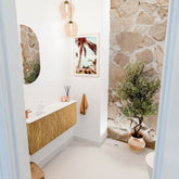 JOYA 100cm toiletmeubel kleur Oak. Wastafel FAYE positie Links 1 kraangat kleur Talc.