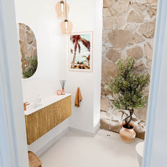 JOYA 100cm toiletmeubel kleur Oak. Wastafel FAYE positie Links 1 kraangat kleur Talc.