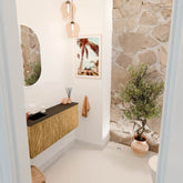 JOYA 100cm toiletmeubel kleur Oak. Wastafel FAYE positie Links 1 kraangat kleur Urban.