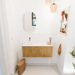 JOYA 100cm toiletmeubel kleur Oak. Wastafel FAYE positie Links Zonder kraangat kleur Talc.